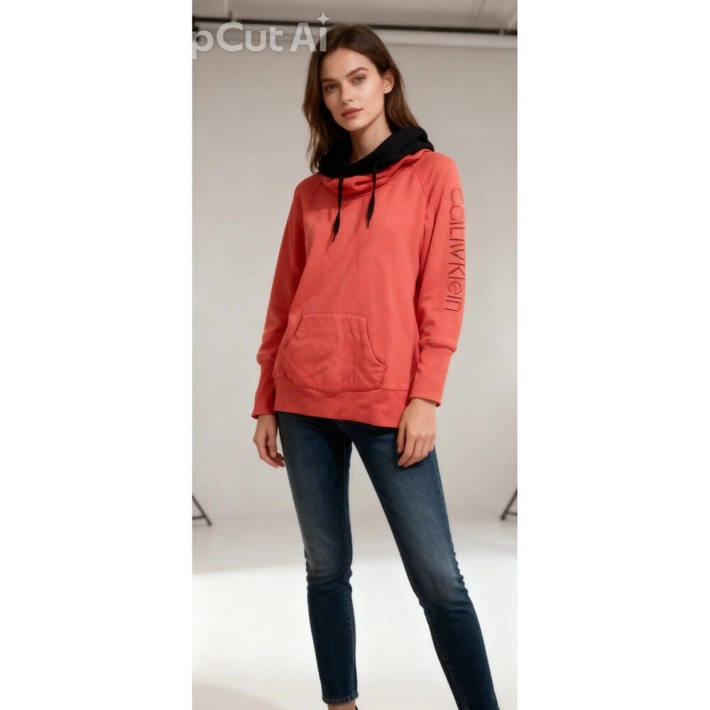 Calvin Klein Performance Women's L Red/Black Pullover Hoodie Logo Pocket